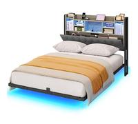 YITAHOME Estructura de Cama LED con cabecero de iluminación LED, estación de Carga USB, Incluye cabecero, diseño Flotante, Marco de Metal, Funda de Tela en Gris, sin colchón, 140 x 200 cm