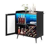 YITAHOME Gabinete de Bar pequeño con Luces LED, Puerta acrílica y Estante para Vino, Barra de café con portavasos, aparador para Bar en casa, Comedor, Sala de Estar o Cocina, Color Negro