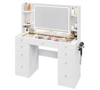 YITAHOME Gran tocador con iluminación LED Ajustable y enchufes,Escritorio Transparente,Tocador con 9 cajones, cajones divididos, Blanco
