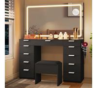 YITAHOME Gran tocador con iluminación LED Ajustable y enchufes,Tocador con Espejo,Tocador con 11 cajones con Taburete,Negro