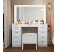 YITAHOME Gran tocador con iluminación LED Ajustable y enchufes,Tocador con Espejo,Tocador con 11 cajones con Taburete,Blanco