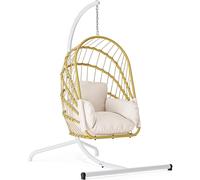 YITAHOME Hamaca Colgante con Soporte, Cesta de Mimbre Mecedora con Acolchado Resistente, Capacidad de Carga de 160 kg, Silla de Mimbre Plegable para terraza, jardín, Dormitorio, balcón (Beige Claro)