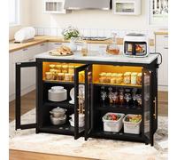 YITAHOME Isla de Cocina con Toma de Corriente y Luces LED, Mesa de Desayuno con Espacio para Sentarse, armarios Dobles con Puertas acrílicas, Armario Ajustable de Tres Capas, 130 x 60 x 88,5 cm