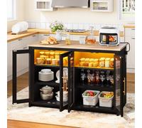 YITAHOME Isla de Cocina con Toma de Corriente y Luces LED, Mesa de Desayuno con Espacio para Sentarse, armarios Dobles con Puertas acrílicas, Armario Ajustable de Tres Capas, 130 x 60 x 88,5 cm