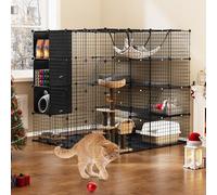 YITAHOME Jaula grande para gatos con cubo de almacenamiento, recinto de metal para interiores con hamaca para múltiples mascotas, perrera negra de 4 niveles, 140 x 140 x 140 cm
