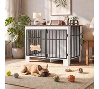 YITAHOME Jaula Grande para Perros de 100 cm, Jaula de Madera de Doble Puerta con rieles anticaídas y Gancho Lateral, Letrero de Bienvenida en Forma de Hueso, Mesa Auxiliar para Perros pequeños y