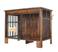 YITAHOME Jaula para Perros de 85 cm, Jaula de Madera con Doble Puerta con Letrero de Bienvenida en Forma de Hueso y Gancho Lateral, Mesa Auxiliar de Interior para Perros pequeños y medianos, marrón