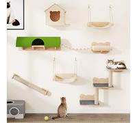 YITAHOME Juego de Pared de Escalada para Gatos, Muebles de Madera Resistentes para Gatos, 7 estantes con casa, Puente Colgante, escaleras, Hamaca y Poste rascador para Dormir, Jugar y Descansar