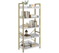 YITAHOME Librería de 5 Niveles, de pie, Abierta, estantería metálica Estrecha Alta con 4 Ganchos, estantería Industrial para salón, Oficina en casa, Dorado