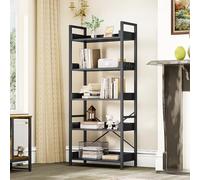 YITAHOME Librería de 5 Niveles, Estantería Industrial para Libros de Piso, Estante de Madera y estanterías con Marco de Acero Estable con 4 Ganchos para Sala de Estar, Oficina en casa, Negro