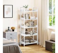YITAHOME Librería de 5 Niveles, Estantería Industrial para Libros, Estante de Madera y Estructura de Acero Estable, estanterías con 4 Ganchos para Sala de Estar, Oficina en casa, Blanco Puro