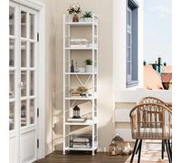 YITAHOME Librería de 6 Niveles, Estantería de Piso con 4 Ganchos, Estante de Madera y Marco de Metal, Estantería Industrial Alta, Almacenamiento para Sala de Estar, Oficina en Casa, Blanco Puro