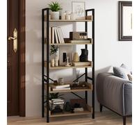 YITAHOME Librería industrial de 5 niveles de roble: estante alto y estrecho de madera y acero con 4 ganchos para sala de estar/oficina Caqui oscuro