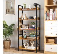 YITAHOME Librería rústica marrón de 5 niveles: estante industrial de madera y acero con 4 ganchos para salón/oficina Rustic Brown