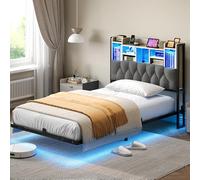 YITAHOME Marco de Cama LED con cabecero de iluminación LED, estación de Carga USB, Incluye cabecero Flotante, Marco de Metal, Funda de Tela en Color Gris sin colchón, 120 x 200 cm