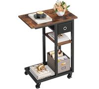 YITAHOME Mesa Auxiliar en Forma de C, Mesa Auxiliar para Sofá con Cacharro y Ruedas, Mesa de Café para Computadora Portátil,para Sala de Estar, Dormitorio，Rústico Marrón