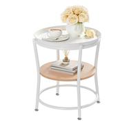 YITAHOME Mesa auxiliar redonda con almacenamiento de dos niveles y bandeja extraíble, mesa auxiliar para sala de estar, dormitorio o apartamento, mesa auxiliar resistente, patas ajustables, roble
