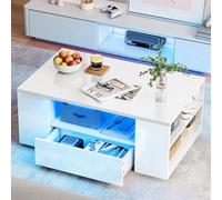 YITAHOME Mesa de Centro Blanca, Mesa de salón Brillante con iluminación LED de 16 Colores, Mesa Auxiliar Moderna, Color Blanco, con Estante Expositor Abierto y 2 cajones extraíbles, 95 x 55 x 37 cm