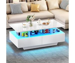YITAHOME Mesa de Centro con 16 Colores LED para Sala, Mesa Cafe Madera con Estante Abierto y 4 cajones, Mesa de Centro Blanca Moderna