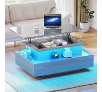 YITAHOME Mesa de Centro de Alto Brillo con Tira LED, Mesa de Centro elevable con Almacenamiento para Sala de Estar, Mesa de té Rectangular de Madera Moderna con 2 cajones