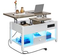 YITAHOME Mesa de Centro Elevable con LED RGB, 4 en 1 Mesa de Salón con Compartimento de Almacenamiento Oculto, Mesa de Café con USB y Enchufe para Salón Comedor, Fácil de Levantar, Blanco y Gris