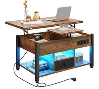 YITAHOME Mesa de Centro Elevable con LED RGB, 4 en 1 Mesa de Salón con Tablero Plegable y Compartimento de Almacenamiento Oculto, Mesa de Café con USB y Enchufe, Fácil de Levantar, Marrón Rústico