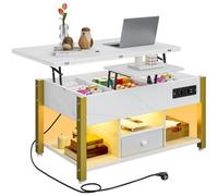 YITAHOME Mesa de Centro Elevable con LED RGB, 4 en 1Mesa de Salón con Compartimento de Almacenamiento Oculto, Mesa de Café con USB y Enchufe para Salón Comedor, Fácil de Levantar, Mármol Blanco