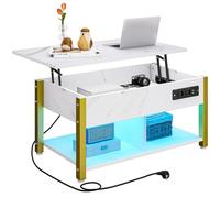 YITAHOME Mesa de Centro con Placa elevable, fácil de Levantar, Espacio de Almacenamiento de 2 Niveles, Mesa de Centro Ajustable en Altura con Compartimento de Almacenamiento Oculto e iluminación LED