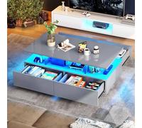 YITAHOME Mesa de Centro Gris, Mesa de Sala de Estar de Alto Brillo con iluminación LED de 16 Colores, Moderna, Mesa Auxiliar con Estante de exhibición Abierto y 4 cajones extraíbles 90x55x41,1 cm