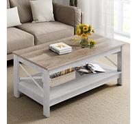 YITAHOME Mesa de Centro, Mesa de salón, Mesa de Centro Rectangular de Madera Gruesa de 2 Niveles, Soporte Lateral de Metal en Forma de X, Estable 100 x 55,3 x 45 cm (Blanco y Gris)