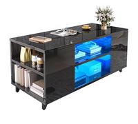 YITAHOME Mesa de Centro Moderna Brillante con Luz LED de 16 Colores, Mesa de Café para Salón con Estante Ajustable, Negro, 97,5 x 48 x 45 cm