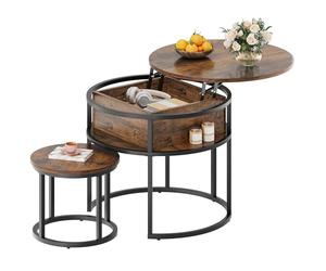 YITAHOME Mesa de Centro Redonda, Juego de 2, Mesa de Salón Vintage con Espacio de Almacenamiento, Mesa Centro Elevable y Extensible 60 x 60 x 50 cm, 38 x 38 x 30 cm