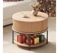 YITAHOME Mesa de Centro Redonda, Mesa Centro Salon con Espacio de Almacenamiento de Dos Niveles, Mesa de Café Acanalada con Puertas Correderas de Diseño Tambour para Salón, Color Roble