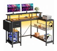 YITAHOME Mesa de Juegos con enchufes y Luces LED, Forma L, Escritorio para Ordenador con Soporte para Monitor, Escritorio de Esquina con cajones y estantes, Escritorio para Ordenador en casa, Oficina
