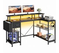 YITAHOME Mesa de Juegos con enchufes y Luces LED, Forma L, Escritorio para Ordenador con Soporte para Monitor, Escritorio de Esquina con cajones y estantes, Escritorio para Ordenador en casa, Oficina