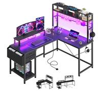 YITAHOME Mesa Gaming en Forma de L con enchufes y Luces LED, 150 x 100 x 150 cm, Escritorio con Soporte para Monitor, Escritorio de Esquina Reversible con estantes, Escritorio de Ordenador para