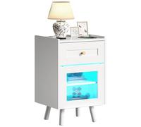 YITAHOME Mesita de Noche con Barra de luz LED de 7 Colores, Armario de Noche con cajón y Estante Ajustable, Mesa Auxiliar de Almacenamiento Negra para Dormitorio, salón, 40 x 35 x 62 cm, Color Blanco