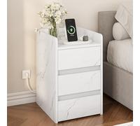 YITAHOME Mesita de Noche de 3 Cajones, Mesita de Noche con Estación de Carga, 2 Puertos y Tomas USB, Mesa Auxiliar Impermeable para Salón y Dormitorio, 35 x 40 x 60 cm (Mármol Blanco)