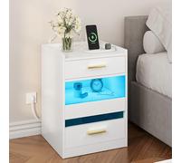 YITAHOME Mesita de Noche, Mesa Auxiliar con Luces LED y Base de Carga, mesita de Noche con cajones de Almacenamiento para Sala de Estar, Dormitorio, 40 x 40 x 60 cm, Color Blanco