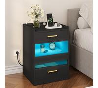 YITAHOME Mesita de Noche, Mesa Auxiliar con Luces LED y Base de Carga, mesita de Noche con cajones de Almacenamiento para salón o Dormitorio, 40 x 40 x 60 cm, Color Negro