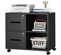 YITAHOME Metalico Cajonera de Oficina con 2 Cajones, Móvil Armario Archivador con 2 Estantes Abiertos, Armario Oficina Archivador con Ruedas, Negro, 80 x 50 x 71cm
