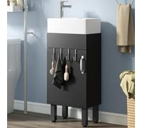 YITAHOME Mueble de baño, armario para debajo del lavabo con puerta, lavabo con lavabo, armario de pie, armario bajo lavabo con 2 ganchos, para baño, cocina, color negro, grifo no incluido