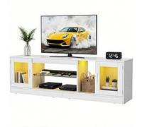 YITAHOME Mueble de TV de 180 cm con 7 LED RGB, mueble bajo para TV con 2 armarios cerrados, 3 estantes abiertos y estante de cristal ajustable, moderno centro de entretenimiento para salón, 180 x 32 x