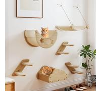 YITAHOME Pared de escalada para gatos de madera maciza de 6 piezas - 3 escaleras, 2 camas y hamaca de franela para jugar/sueño/salón wood