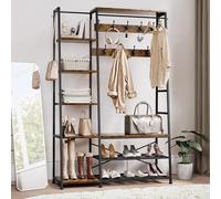YITAHOME Perchero con Almacenamiento de Zapatos, Árbol de Pasillo Independiente con Banco Perchero Industrial con 5 Estantes Barra para Ropa para Dormitorio Sala de Estar Pasillo Entrada, Marrón