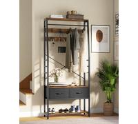 YITAHOME Perchero con almacenamiento de zapatos, árbol de pasillo libre con banco y 2 cajones plegables, soportes industriales con 8 ganchos para pasillo, marco de metal, marrón rústico
