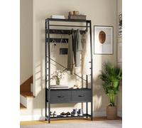 YITAHOME Perchero con zapatero de pie con banco y 2 cajones plegables, armario industrial con 8 ganchos para pasillo, salón, dormitorio, marco de metal, color negro
