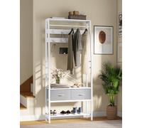 YITAHOME Perchero con zapatero de pie con banco y 2 cajones plegables, armario industrial con 8 ganchos para pasillo, salón, dormitorio, marco de metal, color blanco