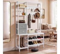 YITAHOME Perchero de pie con estante para zapatos, con 2 estantes, perchero industrial con 9 ganchos, adecuado para vestíbulo, salón o dormitorio, marco de metal blanco