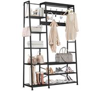 YITAHOME Perchero de Pie, Mueble de Entrada con Banco, Colgador Metálico para Gorros, Perchero con 9 Ganchos y 5 Estantes, para Pasillo, Sala de Estar, Dormitorio, Negro